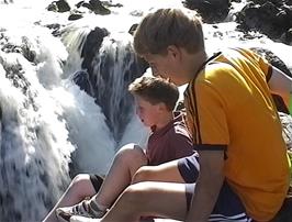 Ryan and Jasper on the rocks at Pont-y-Pair Bridge, Betws-y-Coed